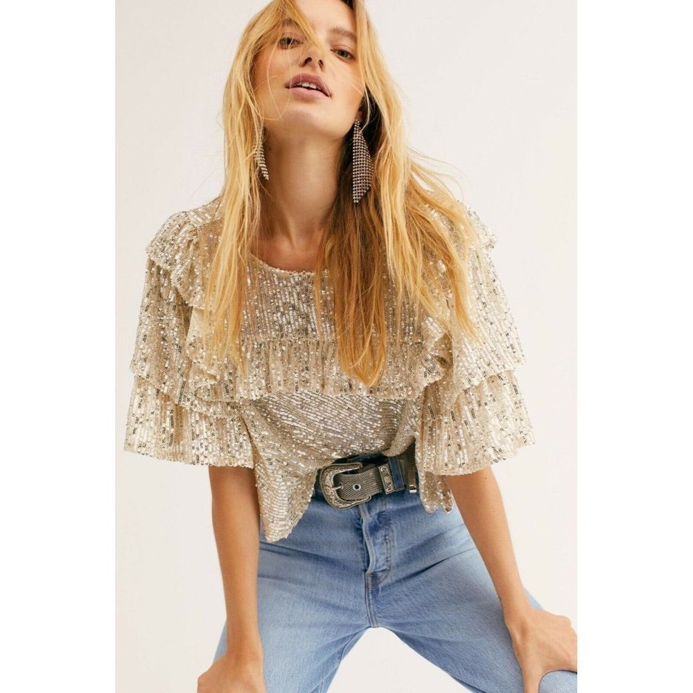 NEW FREE PEOPLE Sz S DANCE FLOOR EMBELLISHED METALLIC SEQUIN TIERED RUFFLE TOP